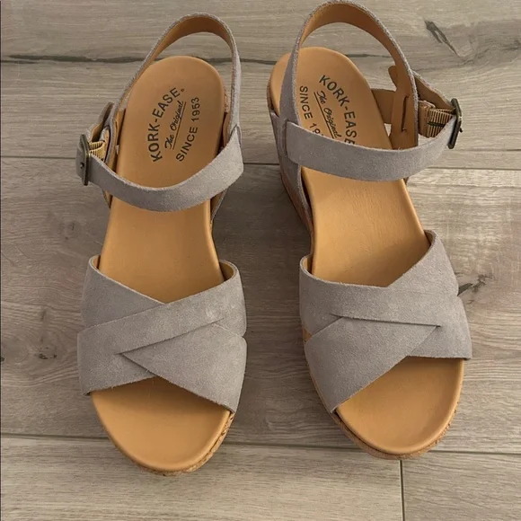 Kork-Ease Gray Suede Leather + Tan Crisscross Ankle Strap Cork Wedge Sandals - Picture 2 of 9